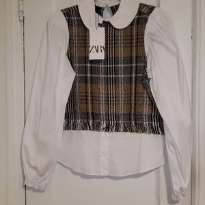 Zara Women's Black and Brown Plaid Blouse
